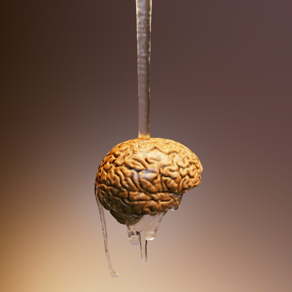 A drop of water with a human brain hanging from it